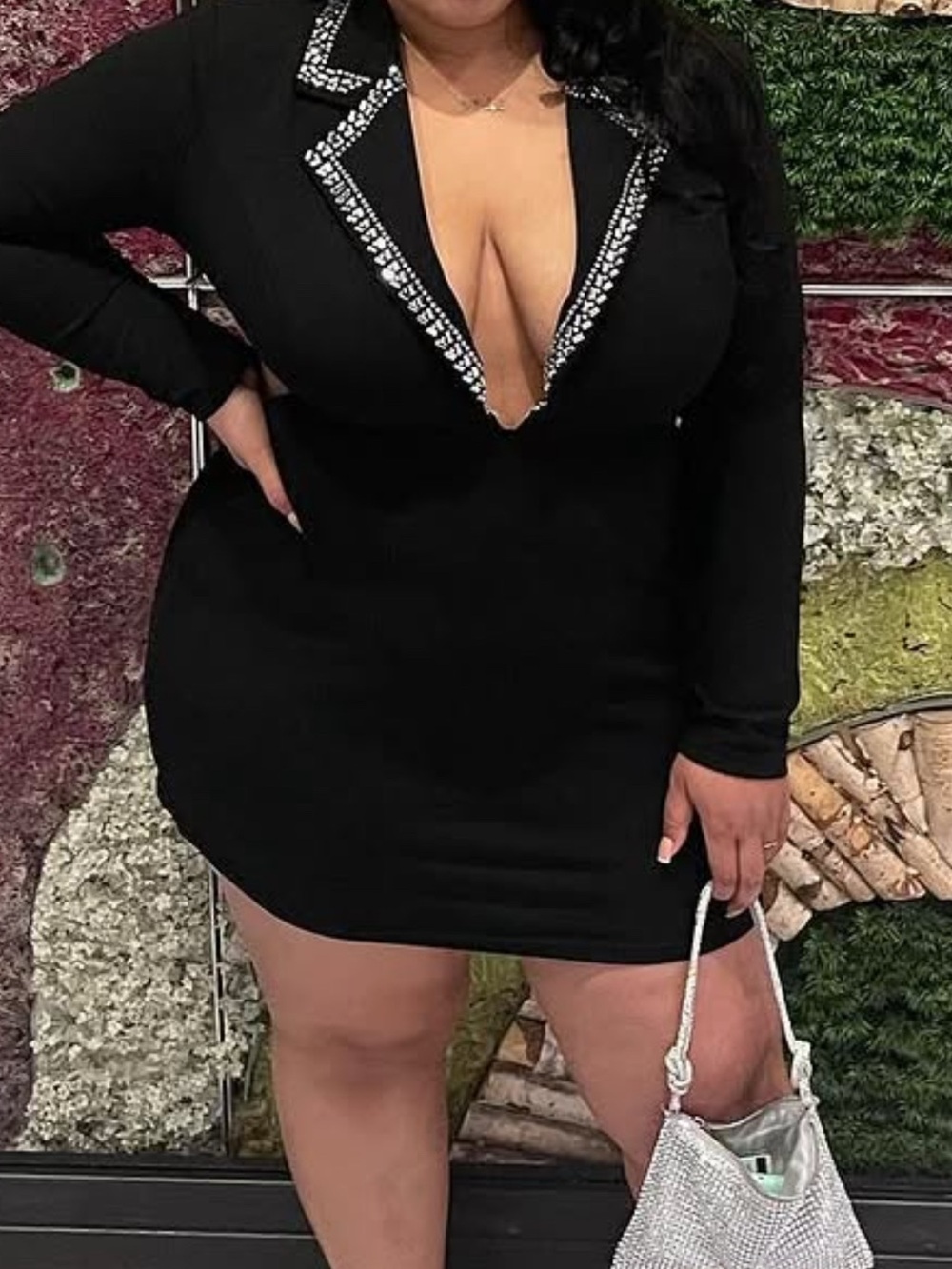 Black Deep V Rhinestone Trim Bodycon Dress from shein